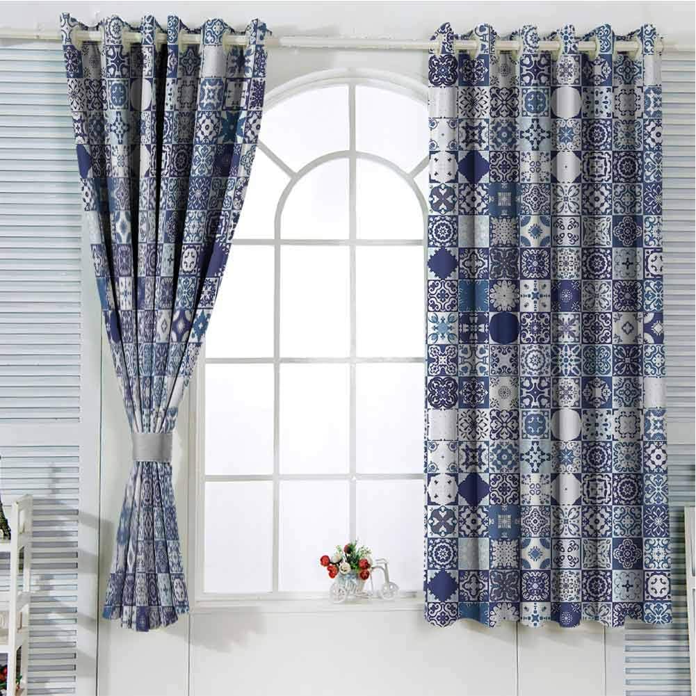 Moroccan Grommet Curtains 84 Inches Long, Dark Blue Pale Blue White