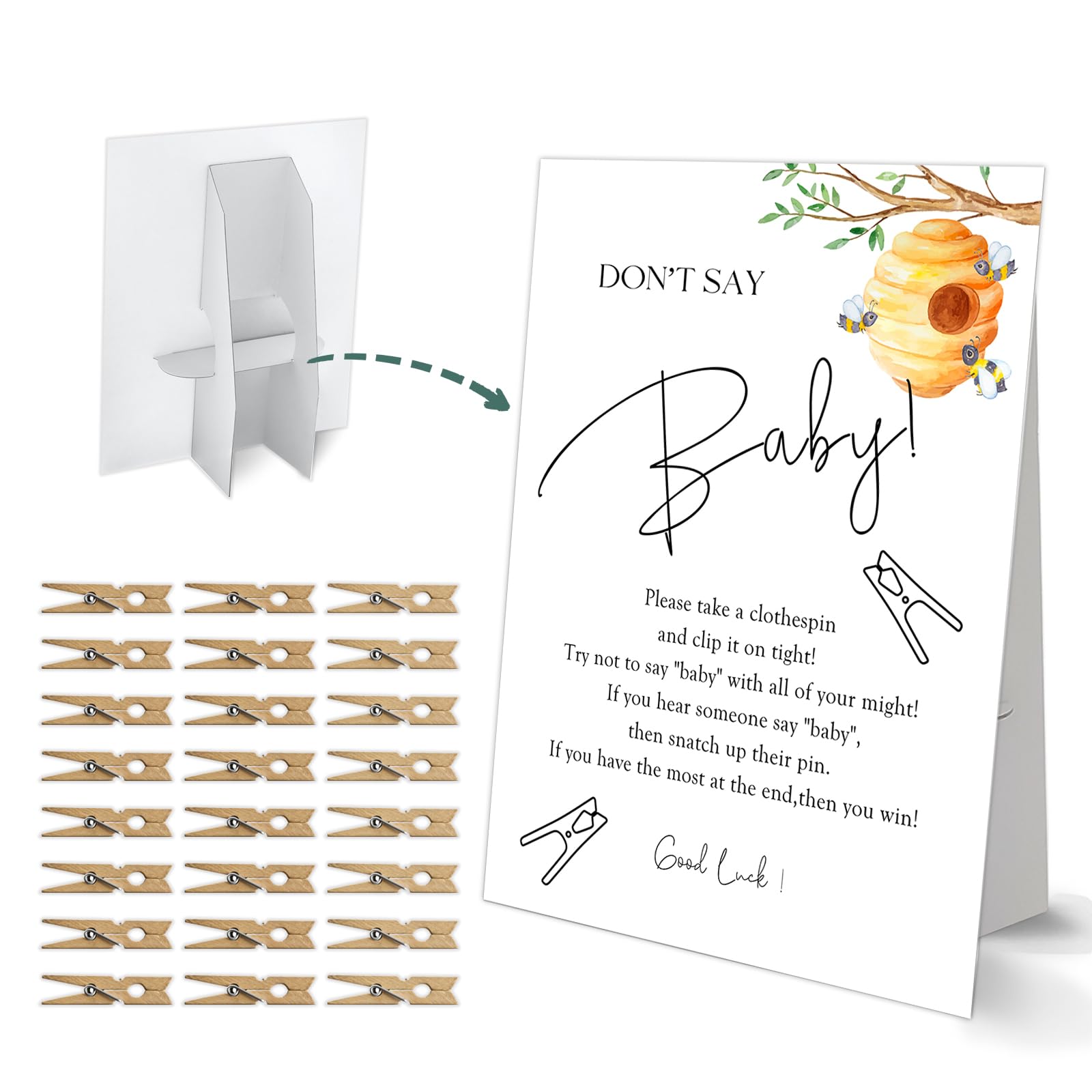 Photo 1 of Don't Say Baby Clothespin Game, Honey Bee Baby Shower Game, One 8x11 Sign and 50 Mini Natural Clothespins, Gender Neutral, Baby Shower Decoration - MJZ18