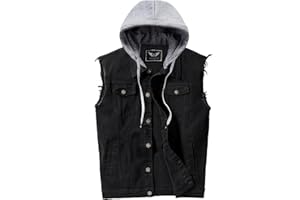 RongYue Men's Denim Vest Casual Button Stretchy Distressed Jean Sleeveless Jacket with Hood