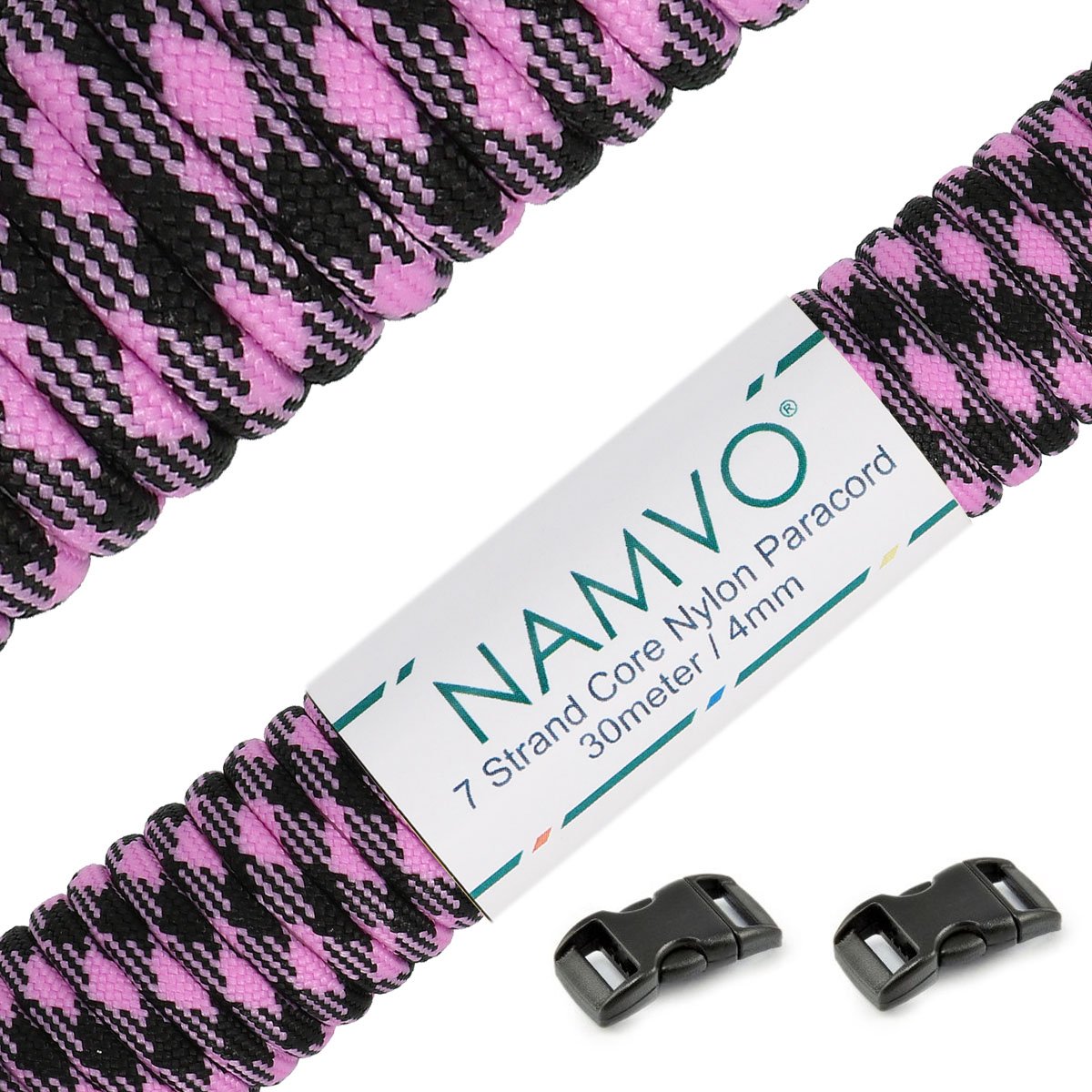 Namvo 550 Paracord Mil Spec Type III 7 strand parachute cord Total Length 100ft / 30 Meters, Pink + Black Camo