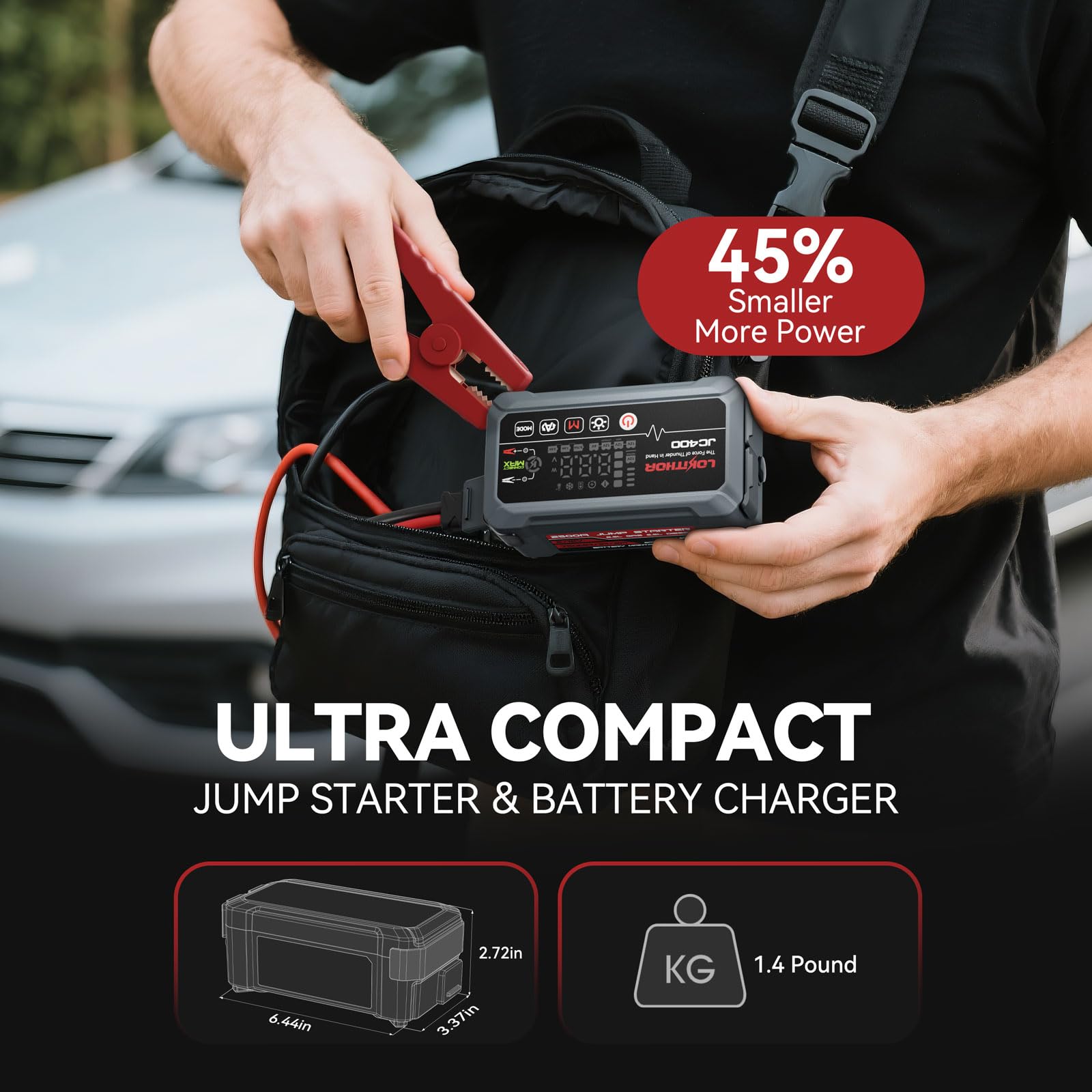 LOKITHOR JC400 9-in-1 Jump Starter and Battery Charger, 2500A 12V Portable Jump Box for Upto 8.5L Gas/6.5L Diesel, 750mA/1A/2A, 6V/12V Automotive Battery Maintainer, Trickle Charger and Desulfator