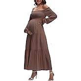 JINDIIM Women's Fall Long Sleeve Maternity Maxi Dress Flowy Tiered A Line Photoshoot Baby Shower Dress