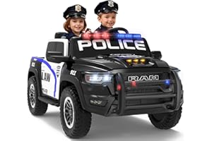 First Ride On 24V Licensed Ram 1500 RHO Police Car Ride on Toy for Kids, 2 Seater Ride on Truck with Remote Control, Electric Police Car with Siren, Flashing Lights, Bed Storage (Police CAR - Black)