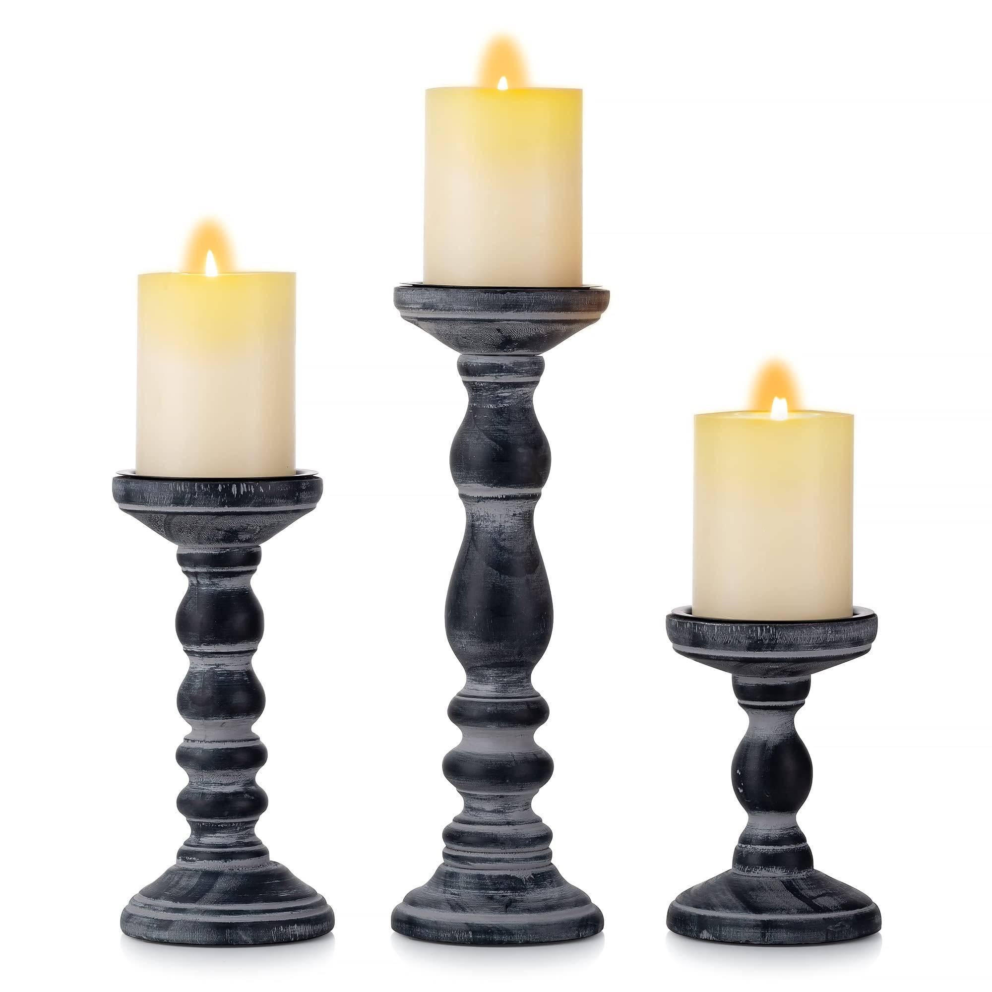 Inweder Wood Candle Holders for Pillar: Rustic Black Candle Holders Distressed Wooden Farmhouse Candleholder for Home Decor Tall Pillar Candle Holder for Halloween Christmas Fireplace Table Party Home
