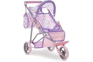 Dolls To Play Baby Doll Stroller Jogger Style 3 Wheels Toy, Girls with Canopy and Basket Buggy Carriage for Kids, My First Jogging Pram Heavy Duty - 21 Inch - Purple