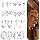 Dochais Hypoallergenic Flatback Stud Hoop 14K Gold Plated Earrings Stacks - Surgical Stainless Steel Earring Set Chain Cartilage Earrings - Small Ear Piercing Flat Back Earring for Women Trendy