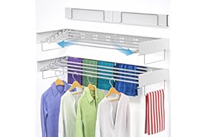 TOFFOS Wall Mounted Drying Rack,Laundry Clothes Drying Rack , Folding,Retractable,Collapsible with 2 Handles and Wall Template for Indoor Outdoor Hanging Clothes, Space Saving,5 Rods, (White 31.5 Inch )