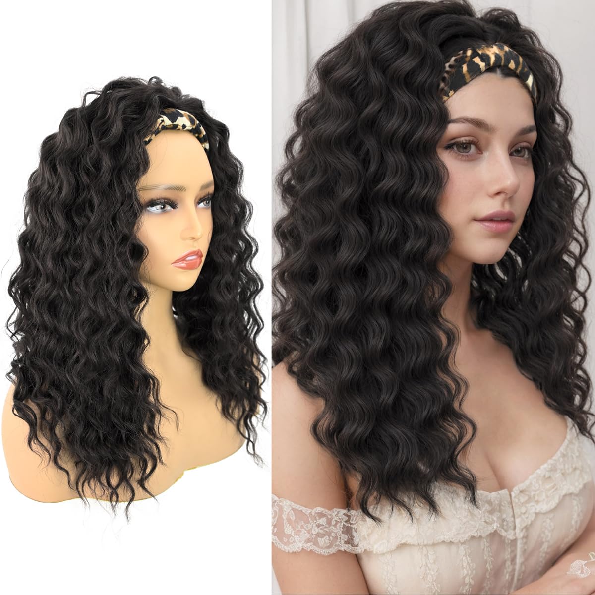 Allyree Loose Deep Wave Headband Wig for Black Women Black Brown 20inch Curly Wavy Wig with Leopard Headband Attched Synthetic Glueless Curly Headband Half Wigs Machine Made None Lace Front Wig(2#)