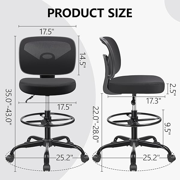 PRIMY TALL DRAFTING DESK CHAIR – ARMLESS, ADJUSTABLE HEIGHT, MESH BACK, ROLLING, STANDING DESK CHAIR FOR ART ROOM, OFFICE OR HOME (BLACK)