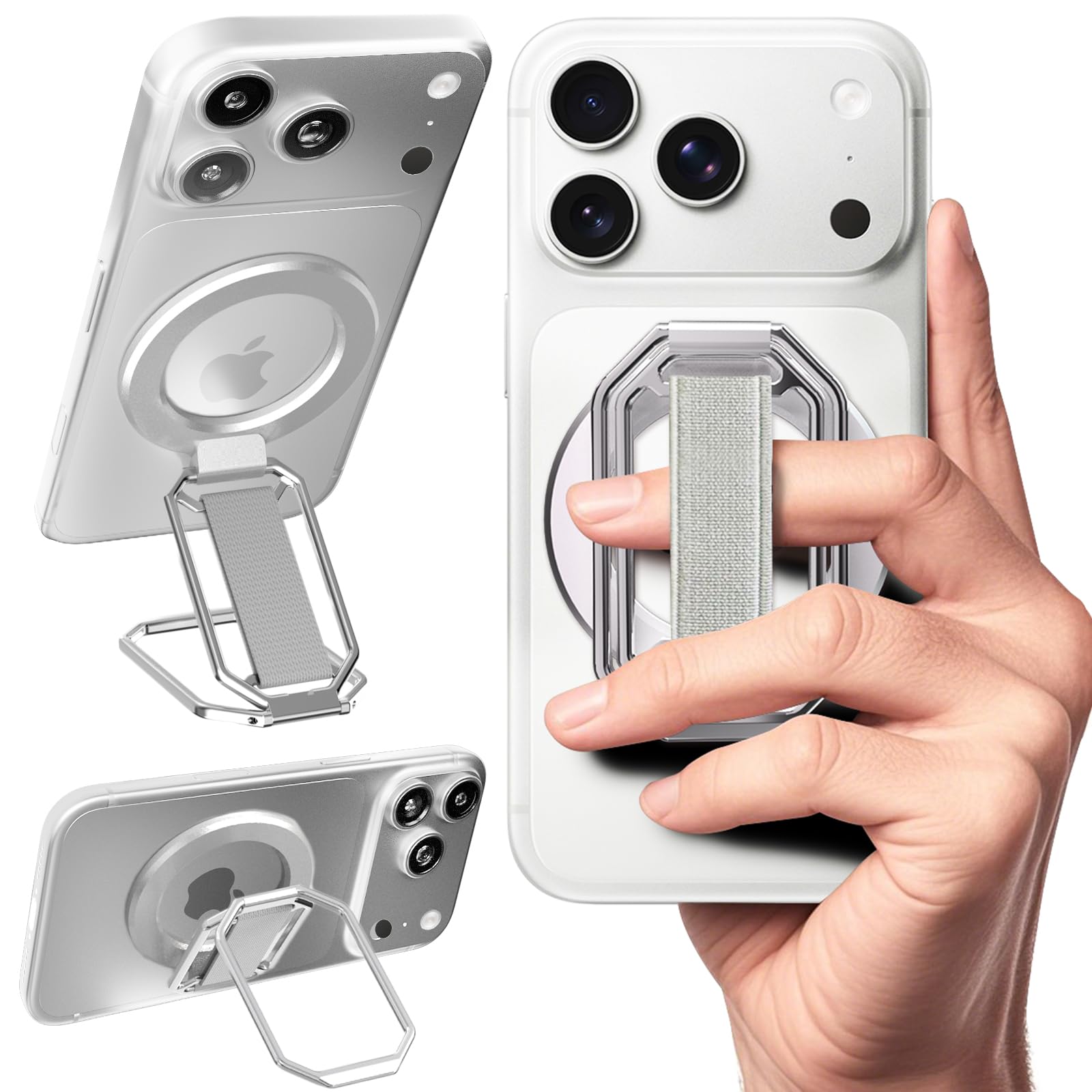 Photo 1 of (2025 Upgraded) 4-in-1 Magnetic Phone Grip Stand for MagSafe with Finger Strap Loop,Removable Ring Holder for iPhone 17 Pro Max 16 15 14 13 12,Kickstand for Hands-Free View at Home Work Travel, Silver