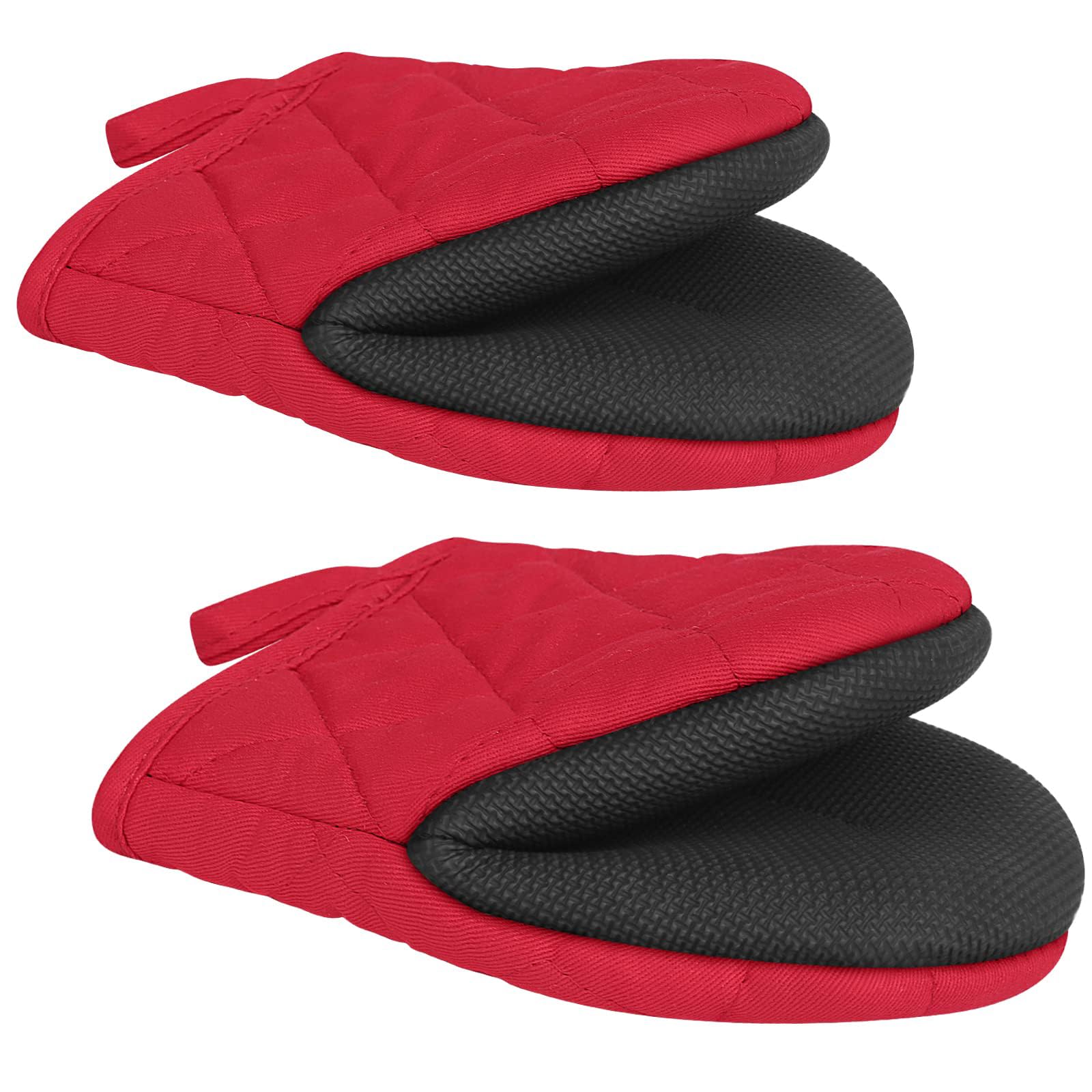 1 Pair Short Oven Mitts, Silicone Kitchen Oven Mitts Mini Heat Resistant for 500 Degrees, with Non-Slip Grip Surfaces and Hanging Loop, Oven Gloves for Baking, Cooking,Grilling Barbecue (Red)