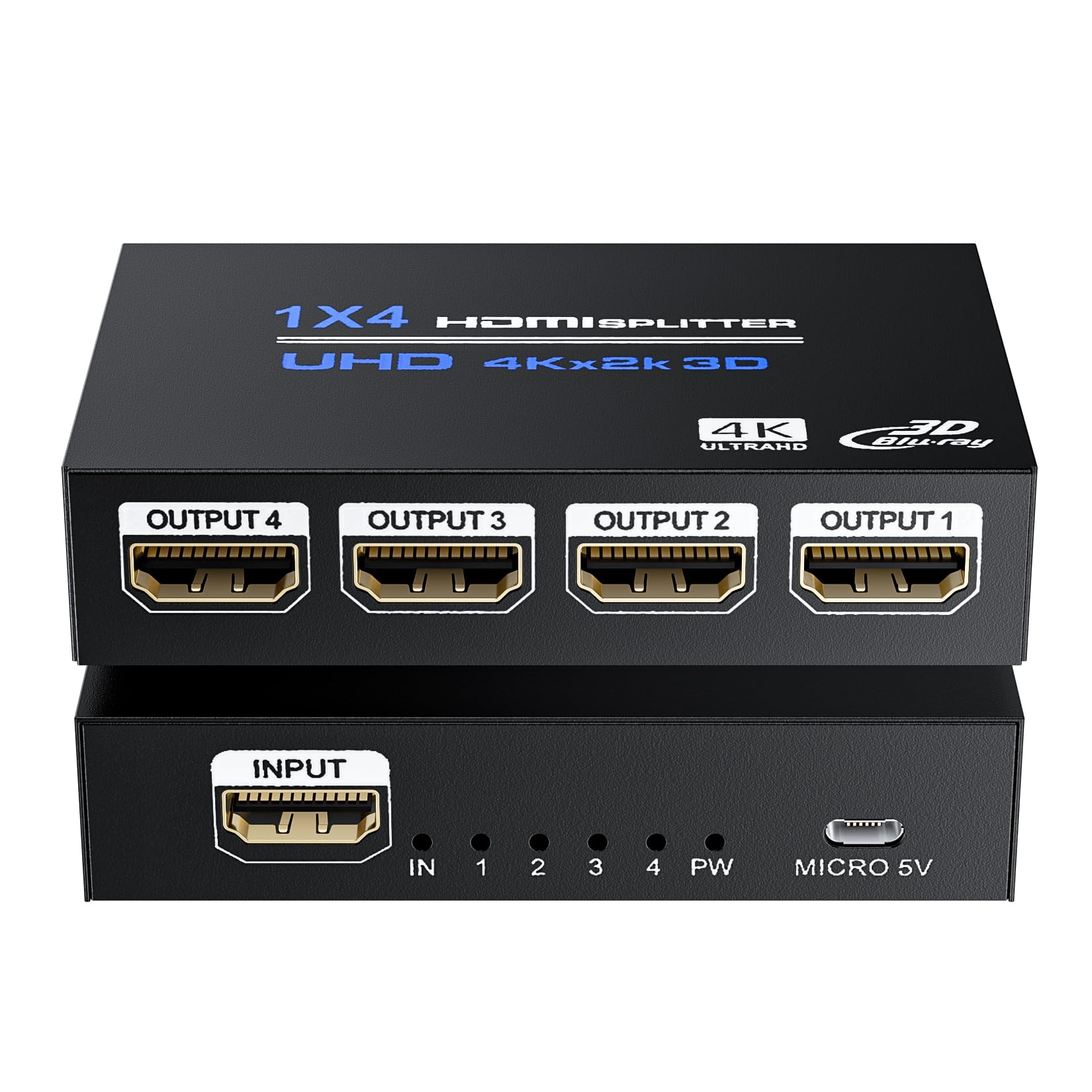 BolAAzuL 1x4 HDMI Splitter 4K - 1 in 4 out Hub Audio Video Distributor Box With Power for 4 Monitors Mirror Display Multi-Screen for TV PS3 PC DVD Projector