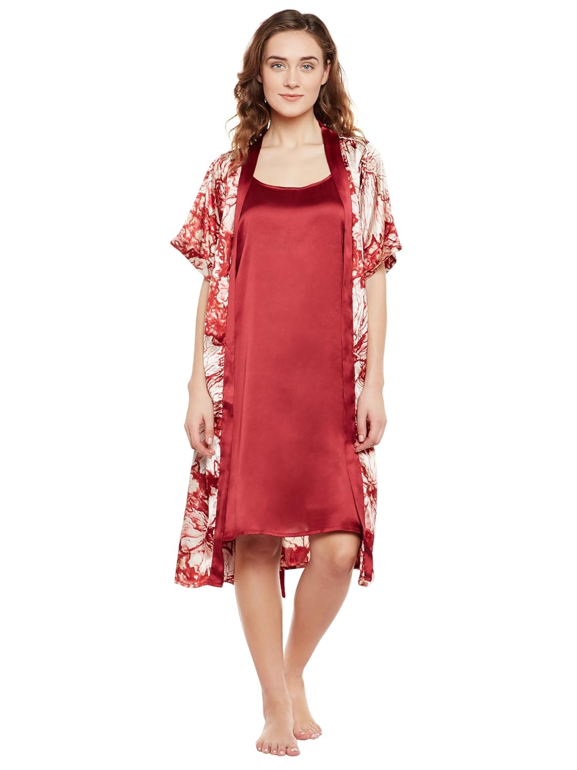 martini women 2 piece satin robe & knee length nighty set (maroon , x-large)