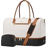Travel Weekender Duffle Bags for Women - Duffel Bag with Shoe Compartment Carry On Overnight Bag with Toiletry Bag with Wet Pocket for Gym Hospital Bags for Labor and Delivery Black White Brown