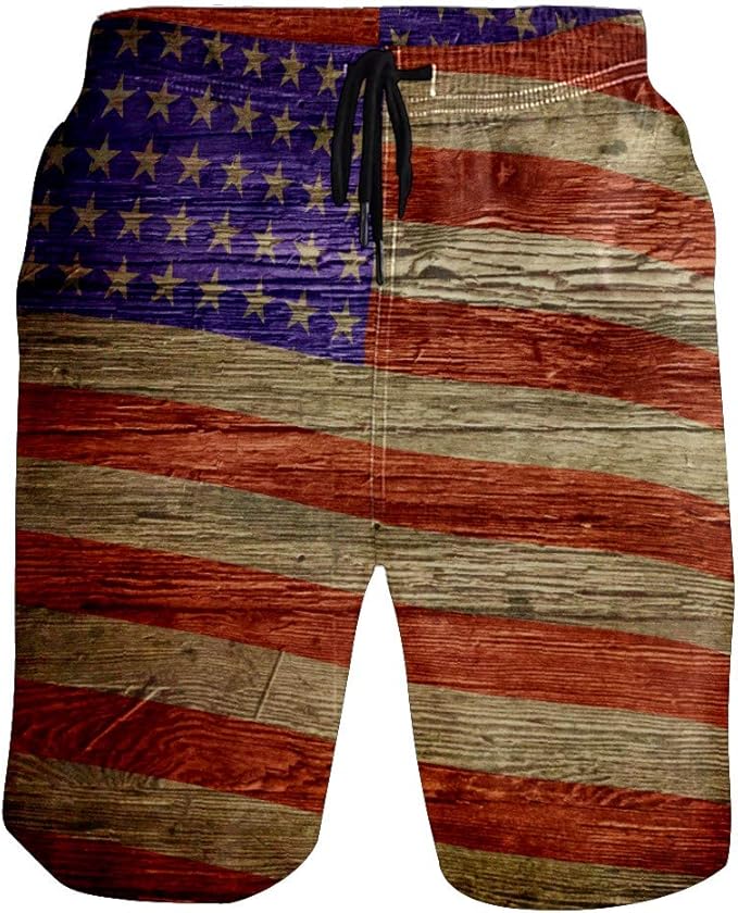 Men's Swim Trunks American Flag On Grunge Wood Quick Dry