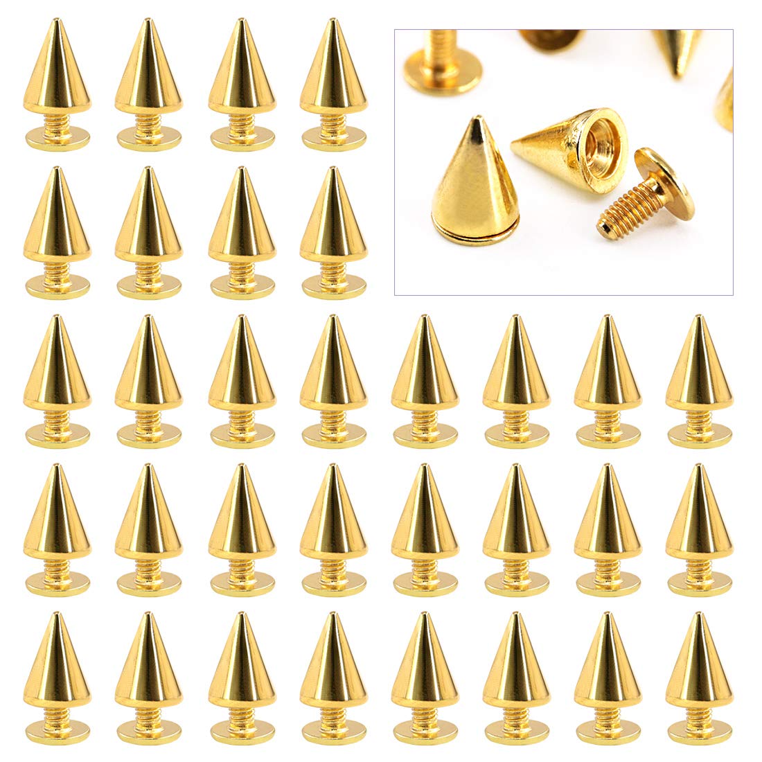 Swpeet 110 Pairs Gold 7mm x 9.5mm Bullet Cone Spike and Stud Metal Screw Back for DIY Leather Craft Cool Rivets Punk Stud Coincal Layer — image 1