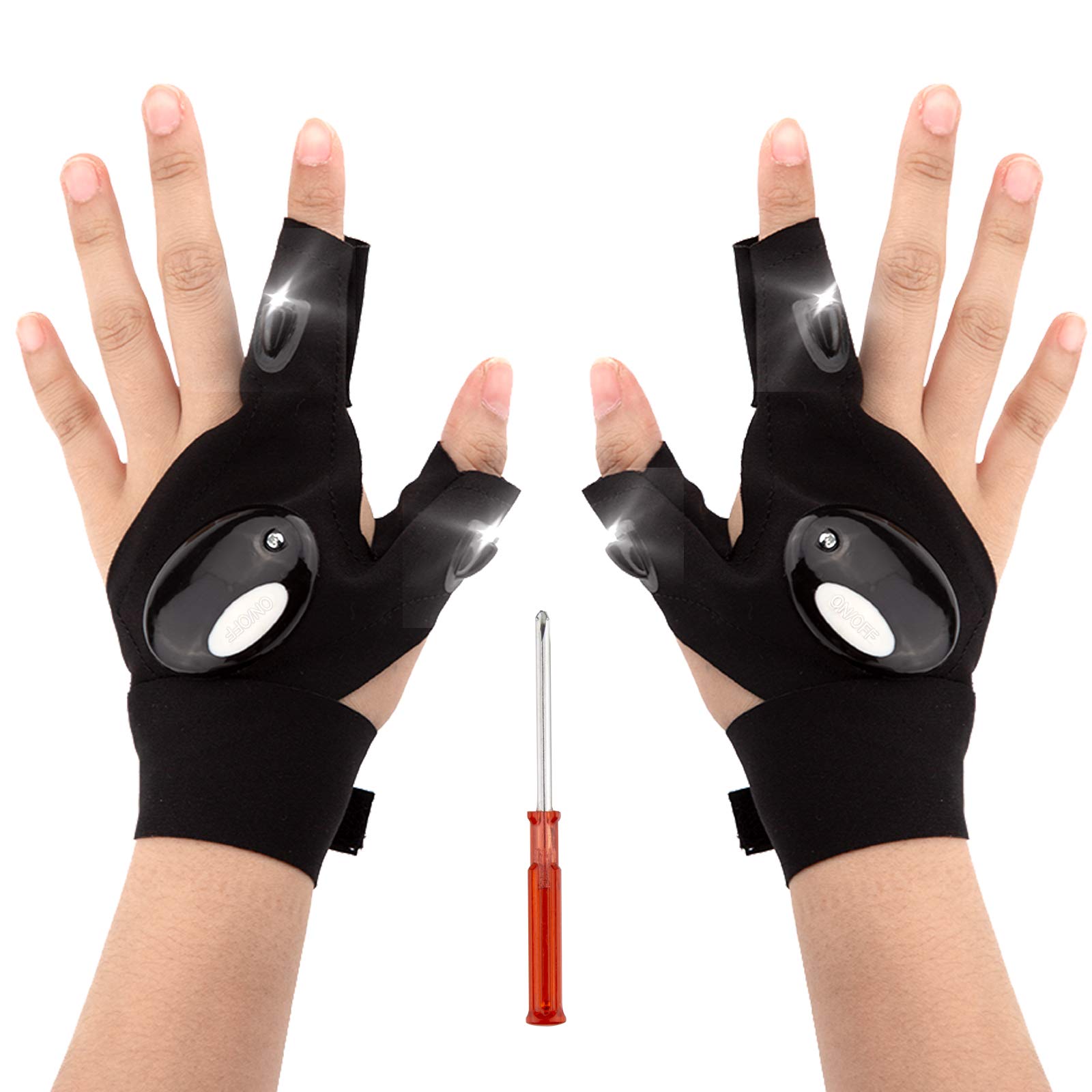 LUTER 1 Pair 2 LED Flashlight Gloves Fingerless Fishing Gloves and Screwdriver Gadget Tool for Repairing Working in Darkness, for Men Women Camping Hiking Outdoor Activities