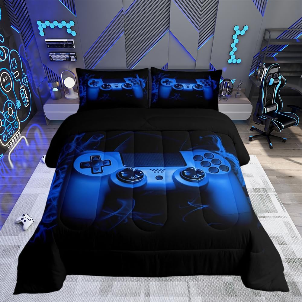 Loussiesd Blue Gaming Duvet Single Size Gamer Comforter Teens Boys Video Game Decor Bedding Set Kids 2 Piece Console Game Controller Quilted Duvet Set Soft Black