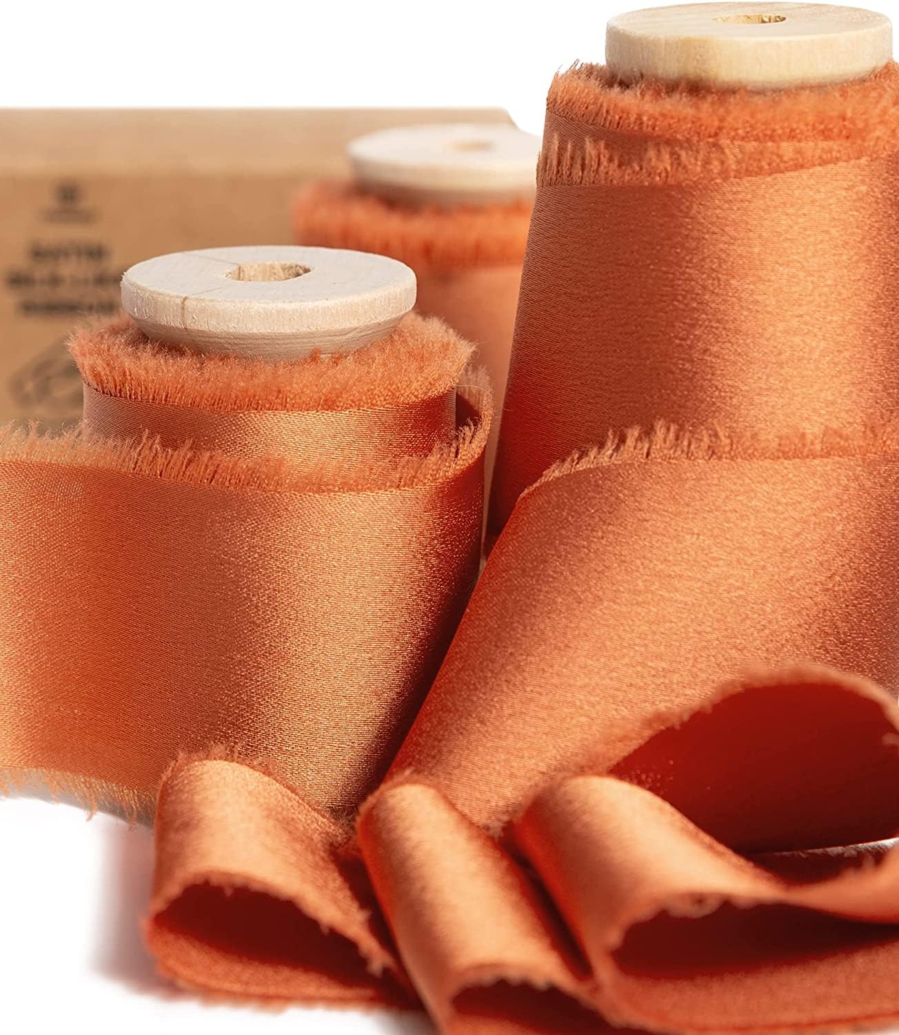 Vitalizart Silky Satin Ribbon, 1.5'' x 15 Yard with Wooden Spool, Terracotta Burnt Orange Handmade Fringe Chiffon Ribbons for Gift Wrapping, Festive Decoration, DIY Craft, Wedding Bridal Bouquet