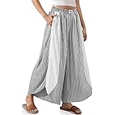 TARSE Womens Wide Leg Striped Boho Palazzo Pants with Lace Panel Summer Loose Elastic Waist Beach Vacation Lounge Pants