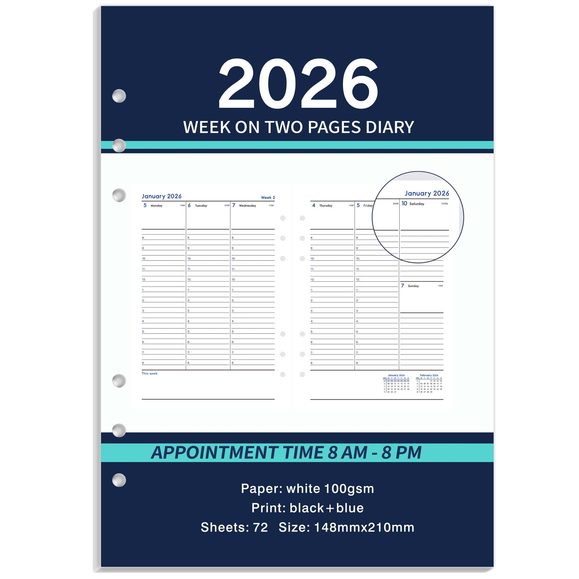 Refill Diary 2026 - Diary 2026 Page a Day, 6-Hole Punched, Week on Two Pages 148 x 210 mm Monday Start, January 2026 - December 2026, Blue