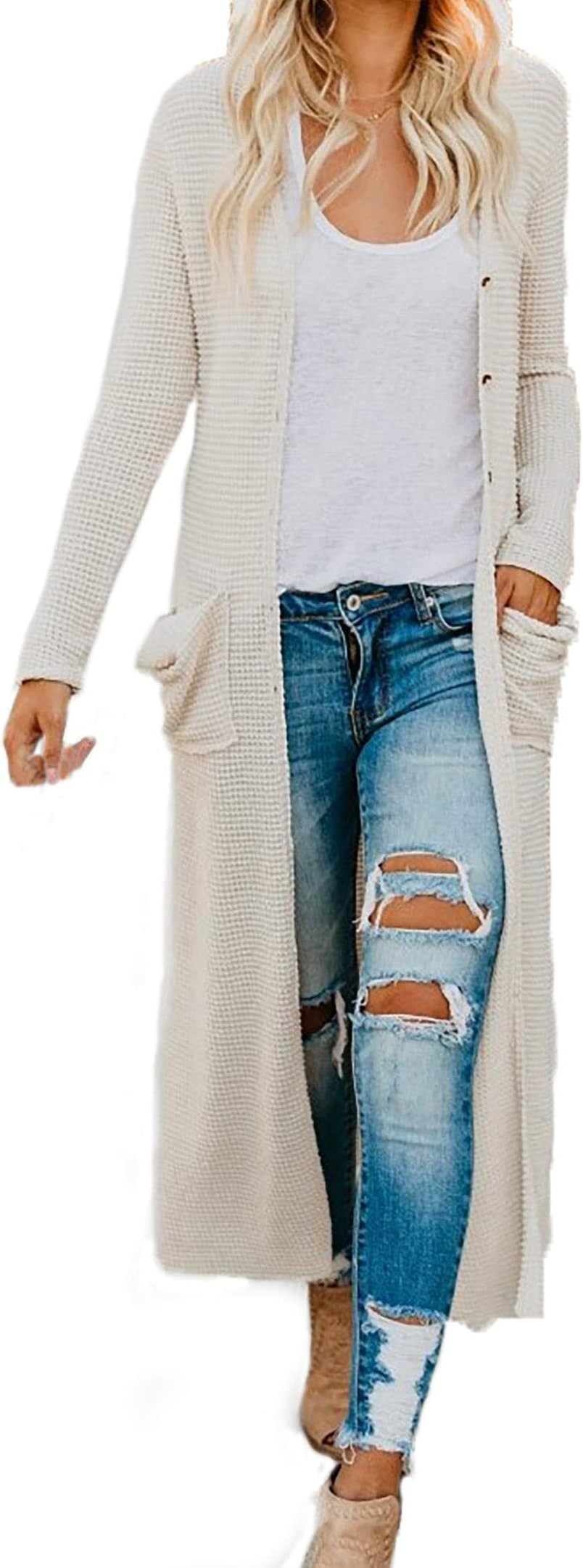 Women's Boho Long Casual Cardigan Long Sleeve Button Down Front Pocket Knitted Sweater Blouses