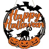 Halloween Decoration Wooden Ghost Door Wreath for Front Door Sign Wall Signs, Pumpkin Bat Black Cat Skeleton Happy Halloween Sign Hanging for Home Wall Decor Party Outdoor Indoor Supply