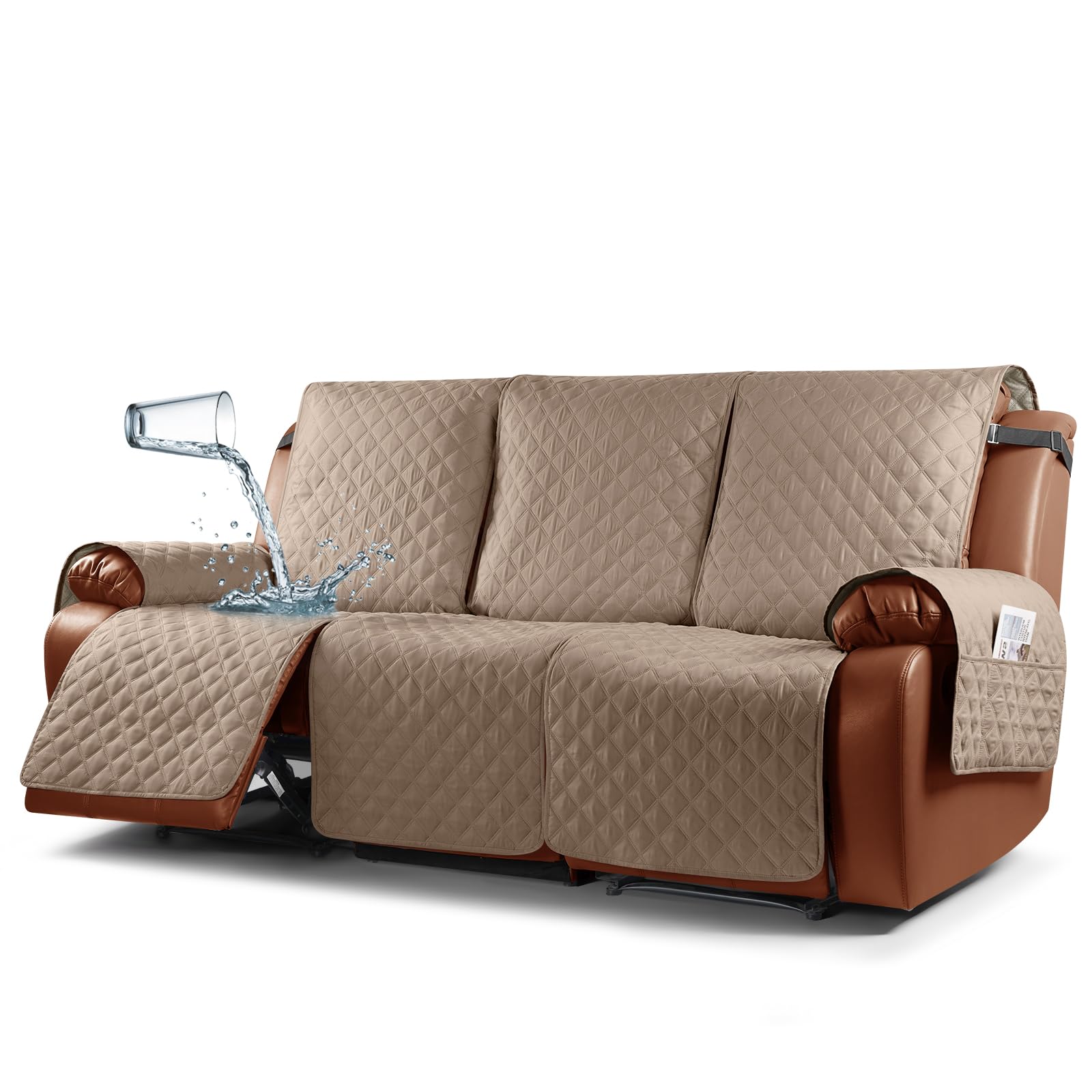Photo 1 of Ruaozz Waterproof Recliner Sofa Covers, 1-Piece Couch Covers for Reclining Couches Reclining Couch Cover Washable Furniture Protector with Elastic Straps Pocket for Kids Pets (Light Brown, 3 Seater)