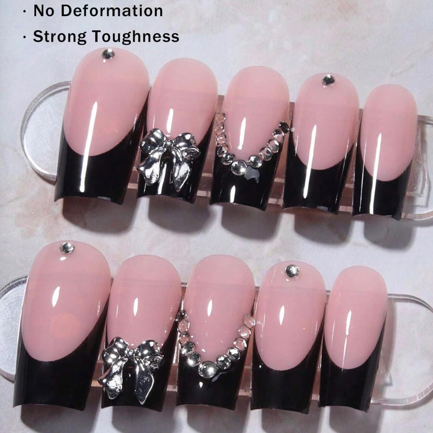 24Pcs Black French Press on Nails Long Coffin Fake Nails with Charm Bow Design,French Tip DIY Manicure Square False Nails Press ons Glitter Rhinestone Nails Kit for Women,Daily Wear Nail Decorations - Image 7