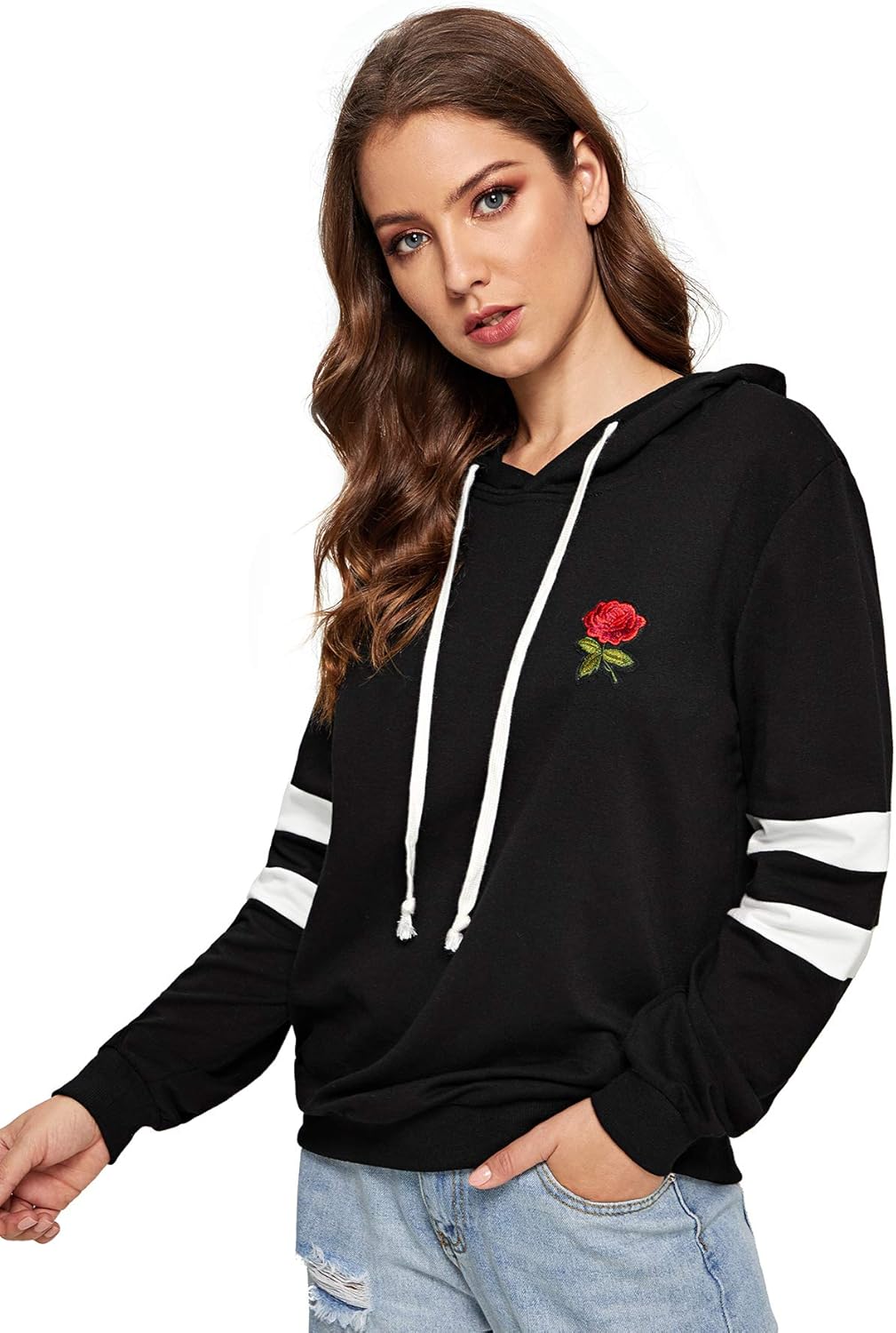 rose patch stripe sleeve hoodie