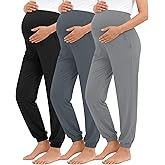 Neer 3 Pack Women's Maternity Pants Over The Belly Stretchy Joggers Pregnancy Casual Lounge Pants with Pockets