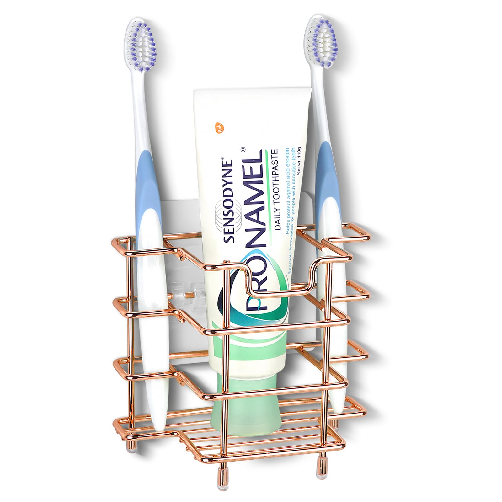 Linkidea Wall Mount/Countertop Toothbrush Holder for Shower, Stainless Steel Toothpaste Stand, 3 Slots Organizer Compatible with Colgate Extra Clean, Oral-B CrossAction (Rose Gold)