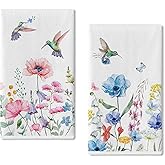 Seliem Summer Anemone Flower Hummingbird Kitchen Dish Towel Set of 2, Wild Floral Ultra Absorbent Hand Drying Baking Cooking Cloth, Spring Seasonal Decor Home Decorations 18 x 26 Inch