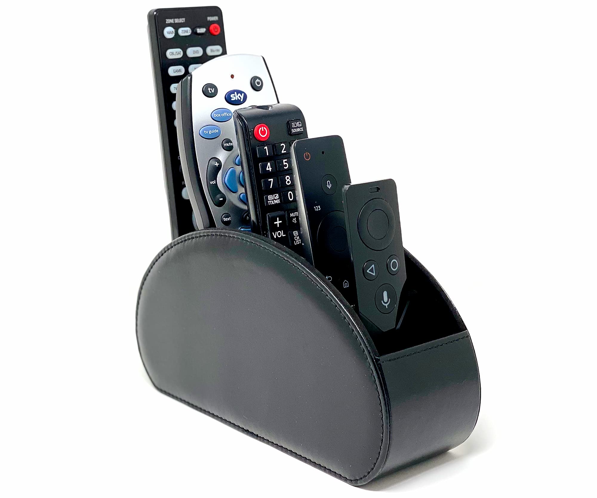 Super and Social Black Remote Control Holder & Desk Caddy Organiser | 5-Compartment TV Remote Storage for Sofa, Armchair & Bedside | PU Leather Media Organiser & Phone Holder