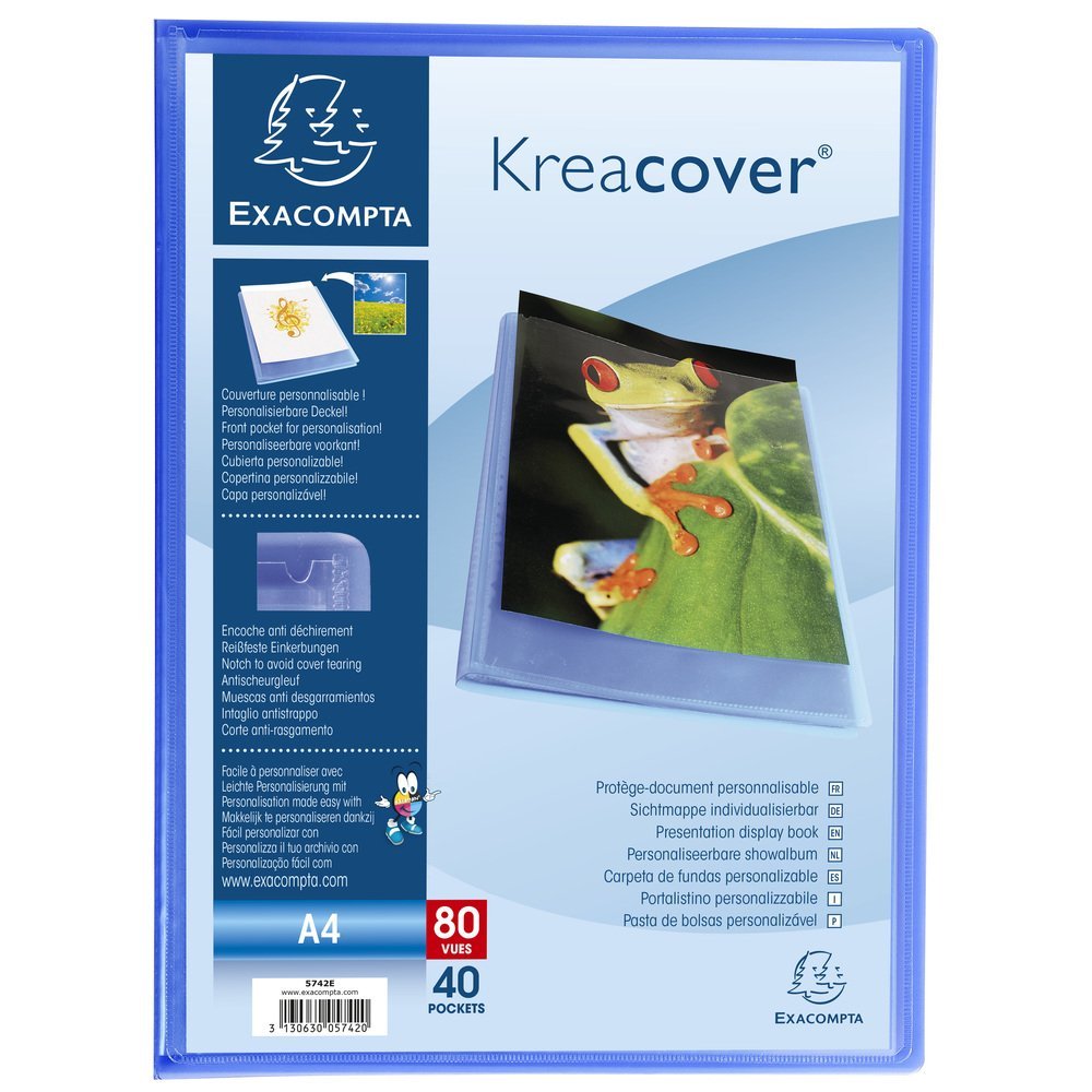 Exacompta - Ref. 5742E - 1 Kreacover Chromaline Document Cover - 40 smooth crystal pockets - 80 views - for A4 - size 24 x 32 cm - semi-rigid polypro cover - blue colour