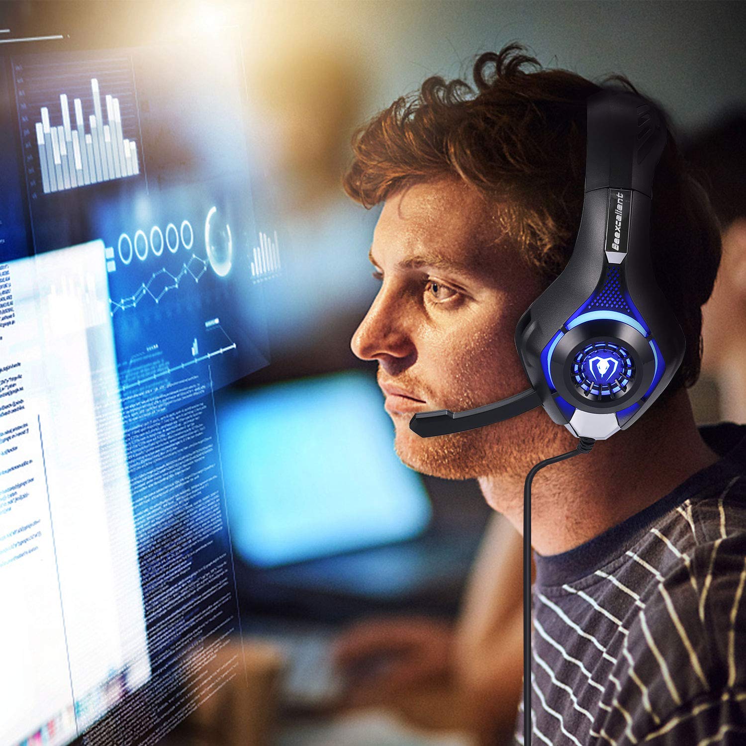 Xbox One Gaming Headset for PS4 PC Laptop Tablet Smartphone Over-Ear Nintendo Switch Headphones with Mic and Rotary Volume Control Noise Cancelling LED Lighting and Stereo Surround Sound Headset