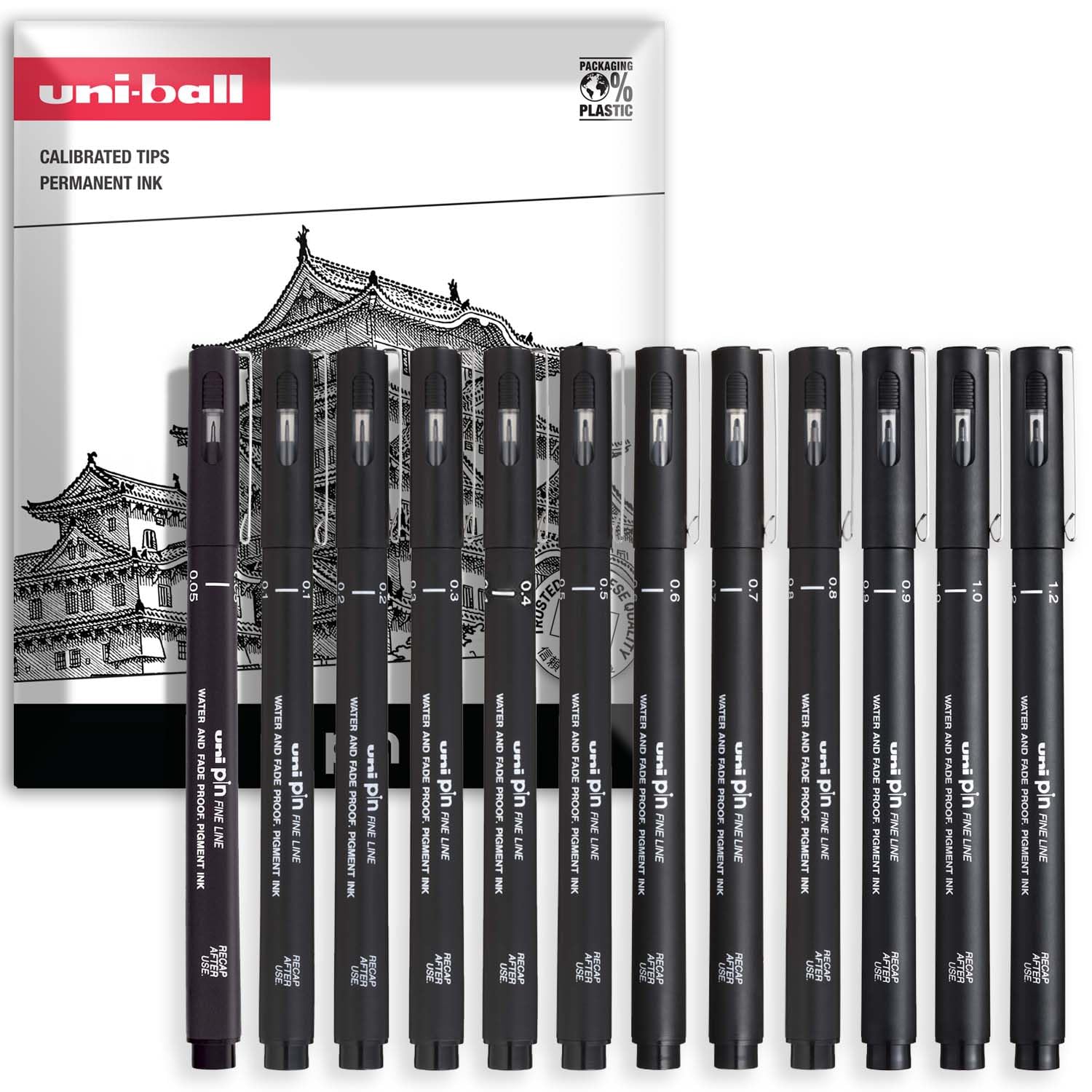 uni-ball PIN Fineliners | Black Fine Tipped Writing Pens | Water & Fade Resistant Ink | Ideal for Sketching, Scrapbooking, Outlining, Art, Technical Drawing | In Envelope Gift Bag (Pack of 12, Mixed)