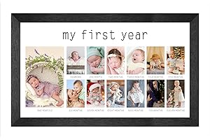 COMURDYO My First Year Picture Frame 12 Months Baby Keepsake Photo Frame Collage 13 Photo Inserts Monthly Milestone Gender Neutral Wall Hangins First Birthday Monthly Photo Collage New Mom Gift (White)