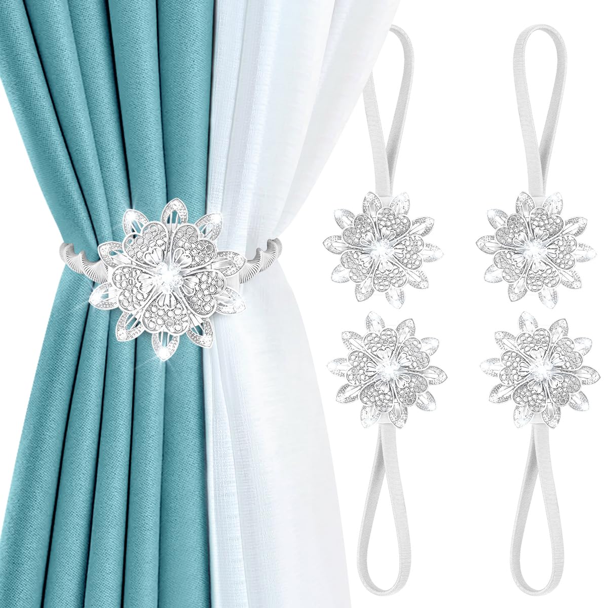 AULEEP Magnetic Curtain Tiebacks, 4 Pack Modern Metal Curtain Tie Backs, Indoor & Outdoor Use Decorative Drapes Clips Buckle with Crystal Flower Beads for Thin or Thick Curtains(Silver)