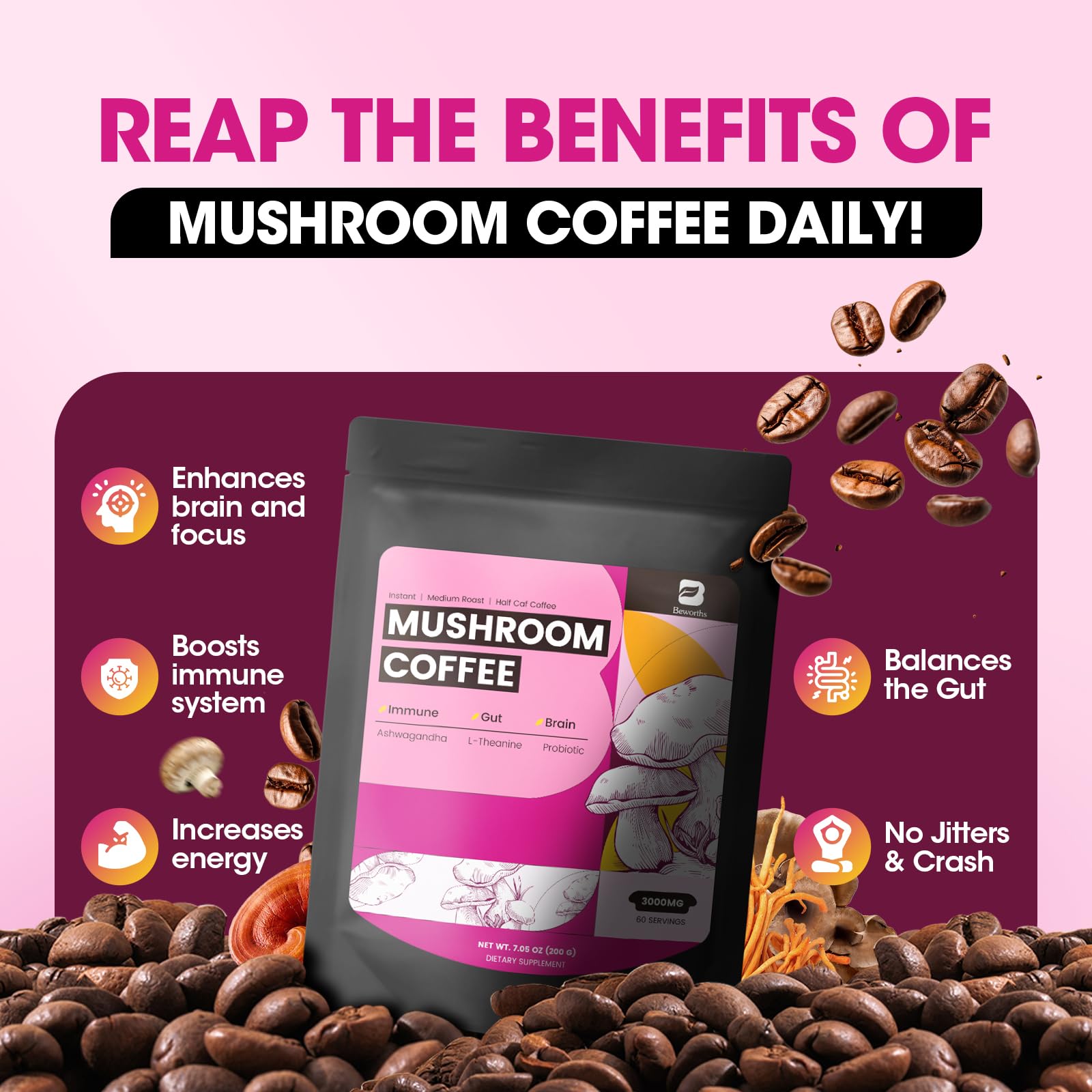 B BEWORTHS Mushroom Coffee, Slim Mushrooms Coffee Powder with Ashwagandha, Lion's Mane, Reishi, Prebiotics, L-theanine, Chaga, Turkey Tail, Mixed Arabica Instant Coffee for Focus, Immune & Digestive