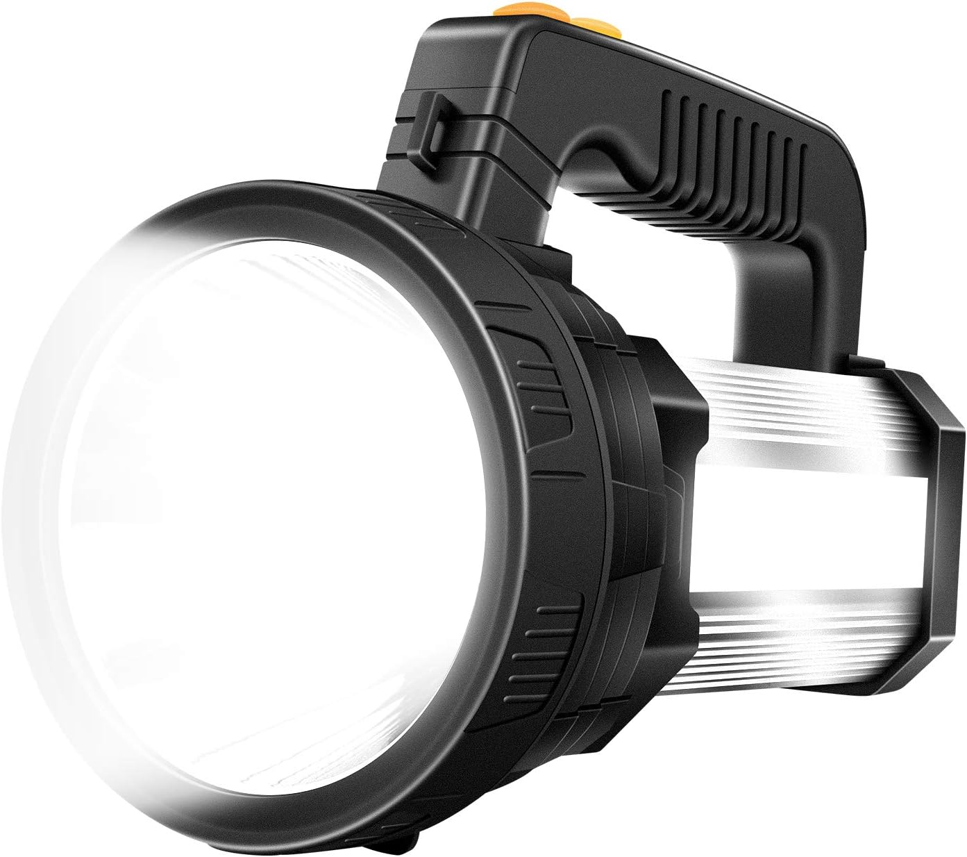 Brightest Spotlight Hand-held Portable LED Flashlight 6000 lumens 9600mAh Rechargeable Long Lasting LED Searchlight Super Bright Torchlight with USB Output Function IPX4 Waterproof (Black) - - 
