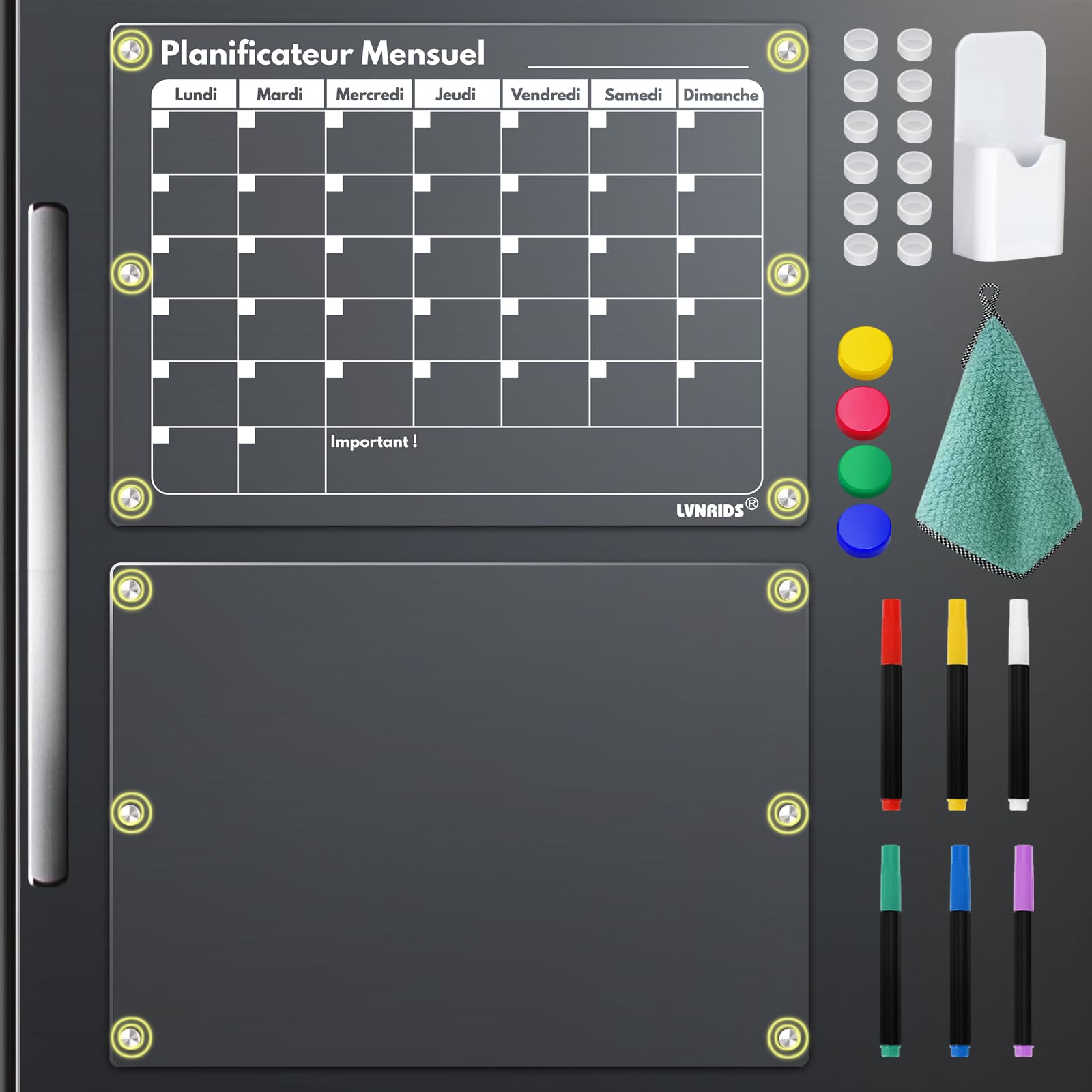 LVNRIDS Acrylic Magnetic Weekly Planner Whiteboard, 42 x 30 cm Set of 2 Clear Acrylic Fridge Calendar and Magnetic Whiteboard for Fridge, Includes 10 pcs Useful Accessories