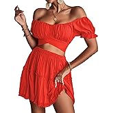 LYANER Women's 2 Piece Outfits Off Shoulder Tie Up Back Crop Top and Mini Skirt Set Solid Red X-Small