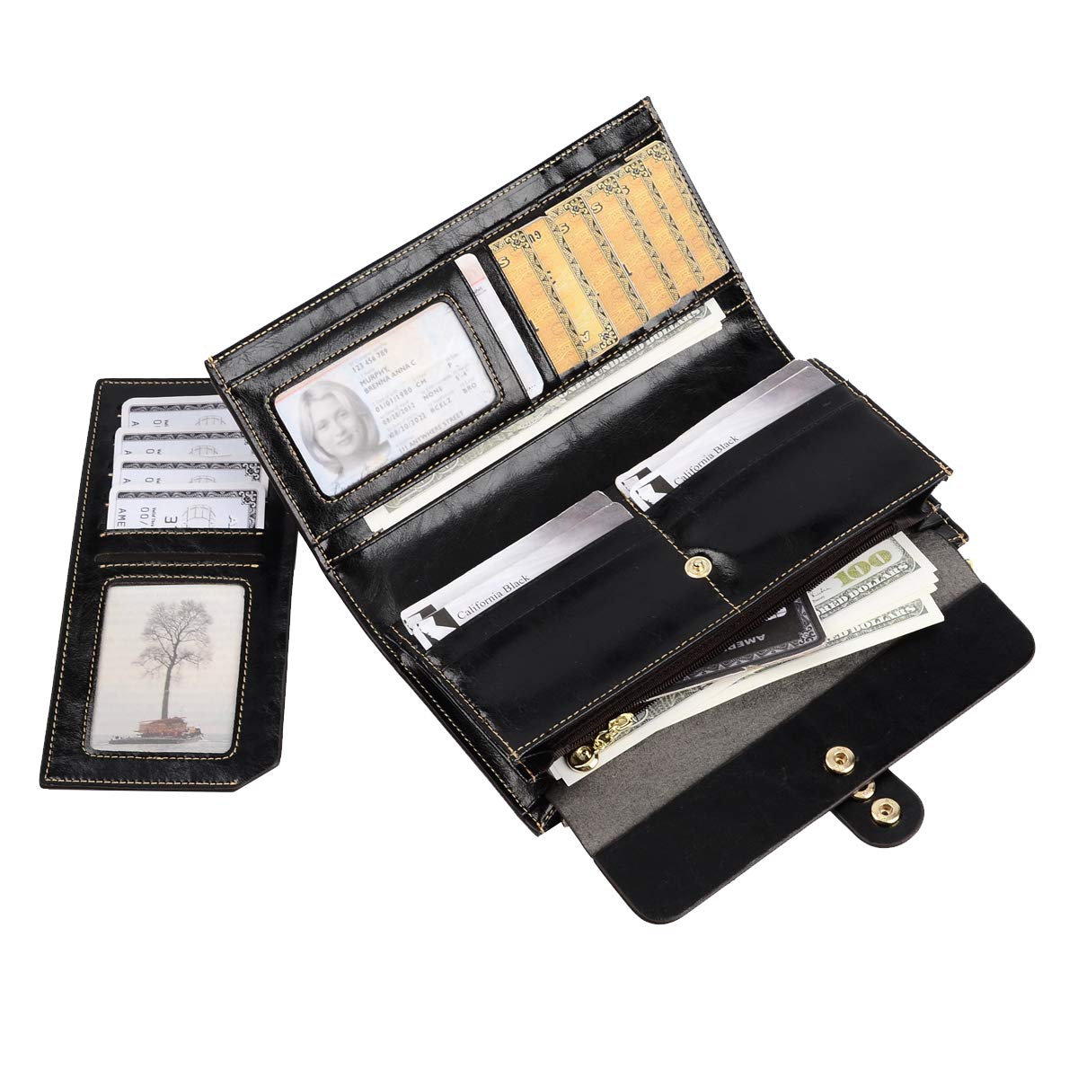 IVESIGN Womens Genuine Leather Wristlet Zipper Clutch Wallet RFID Blocking Credit Card Phone Holder Hand Purse Large Capacity (C-Black)