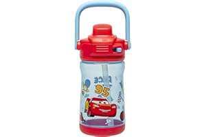 Zak Designs Disney Pixar Cars Beacon Kid Water Bottle for Travel or At Home, 12oz Plastic is Durable and Leak-Proof with Liquid Lock Spout, Cover, Carry Handle, Protective Base (Lightning McQueen)