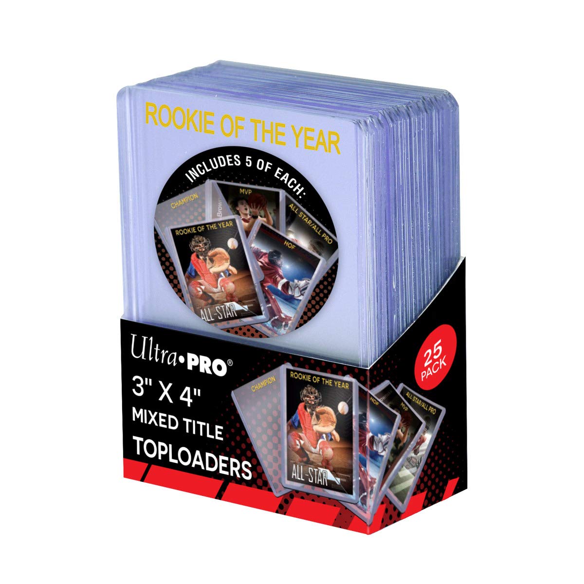 Ultra Pro 25 x 3'' x 4'' Mixed Title Toploader Trading Card Sleeves (Plastic, 25 pcs, Gold Foil Inscription)