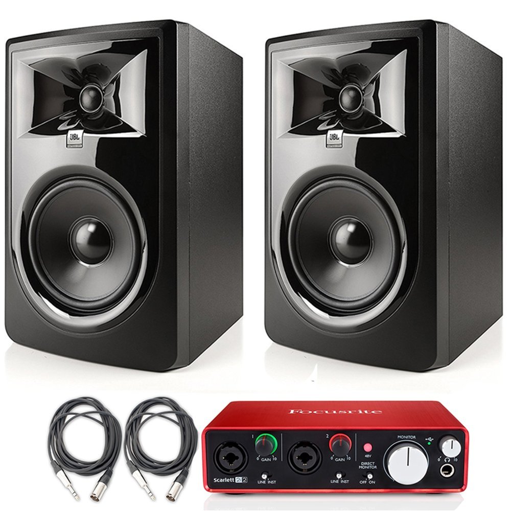 JBL LSR305 5-inch Two-Way Powered Studio Monitoring Speakers (Pair) w/Scarlett 2i2 Audio Interface (