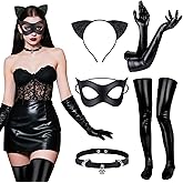 5 Pcs Halloween Cat Costume Accessories for Women Including Masquerade Cat Mask Ear Headband Necklace Pu Leather Glove Thigh High Stockings for Halloween Cosplay and Makeup Party