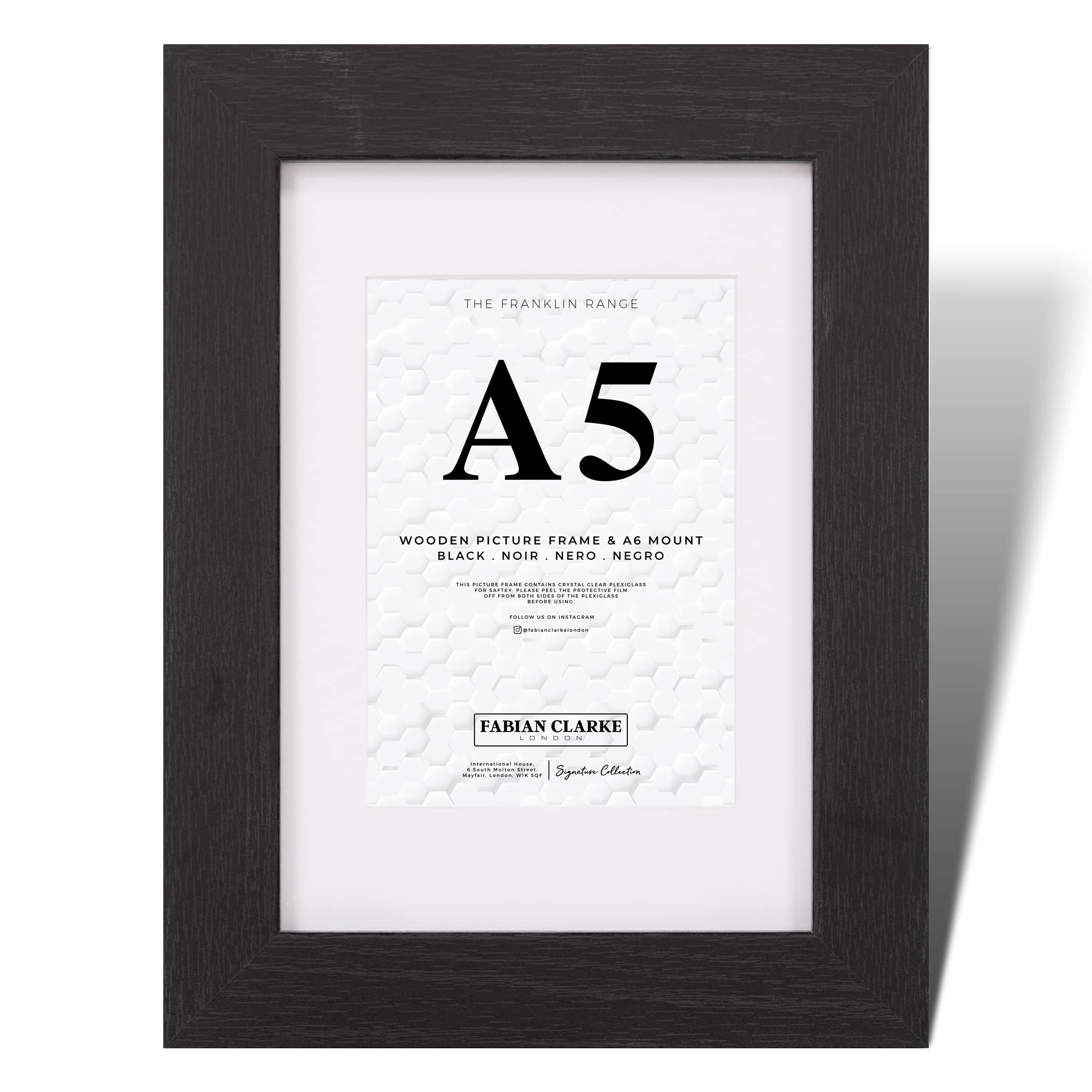 Fabian Clarke London® A5 Modern Black Wooden Picture Photo Frame with White A6 Mount Includes Safety Glass Front Hang Portrait or Landscape