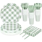 175 PCS Sage Green Gingham Round Plates and Napkins, Green Checkered Disposable Plates Set with Napkins Cups Plastic Spoons Forks Knives for Birthday Baby Shower Wedding Supplies Serve 25 Guests